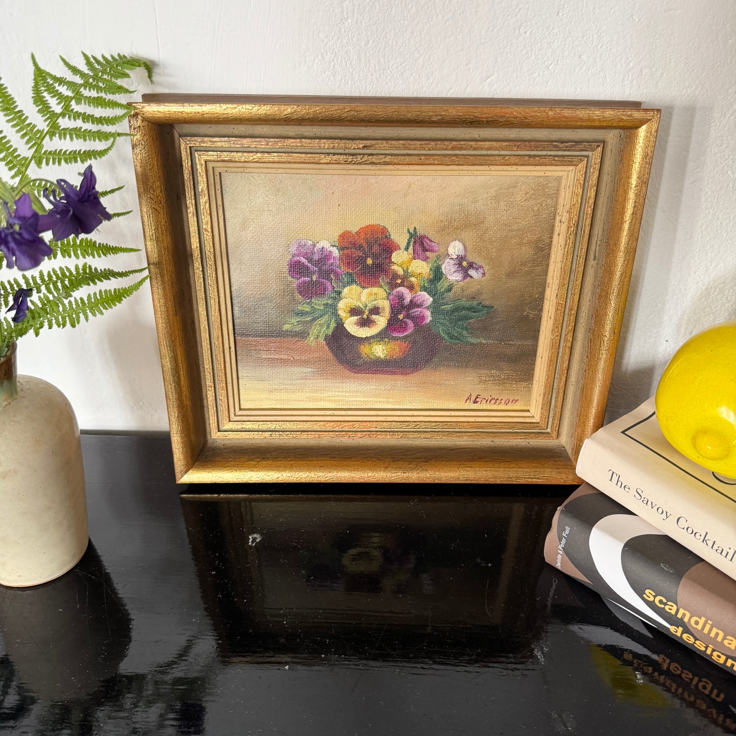 Pansies in Quiet Light. Vintage Swedish Oil Painting.