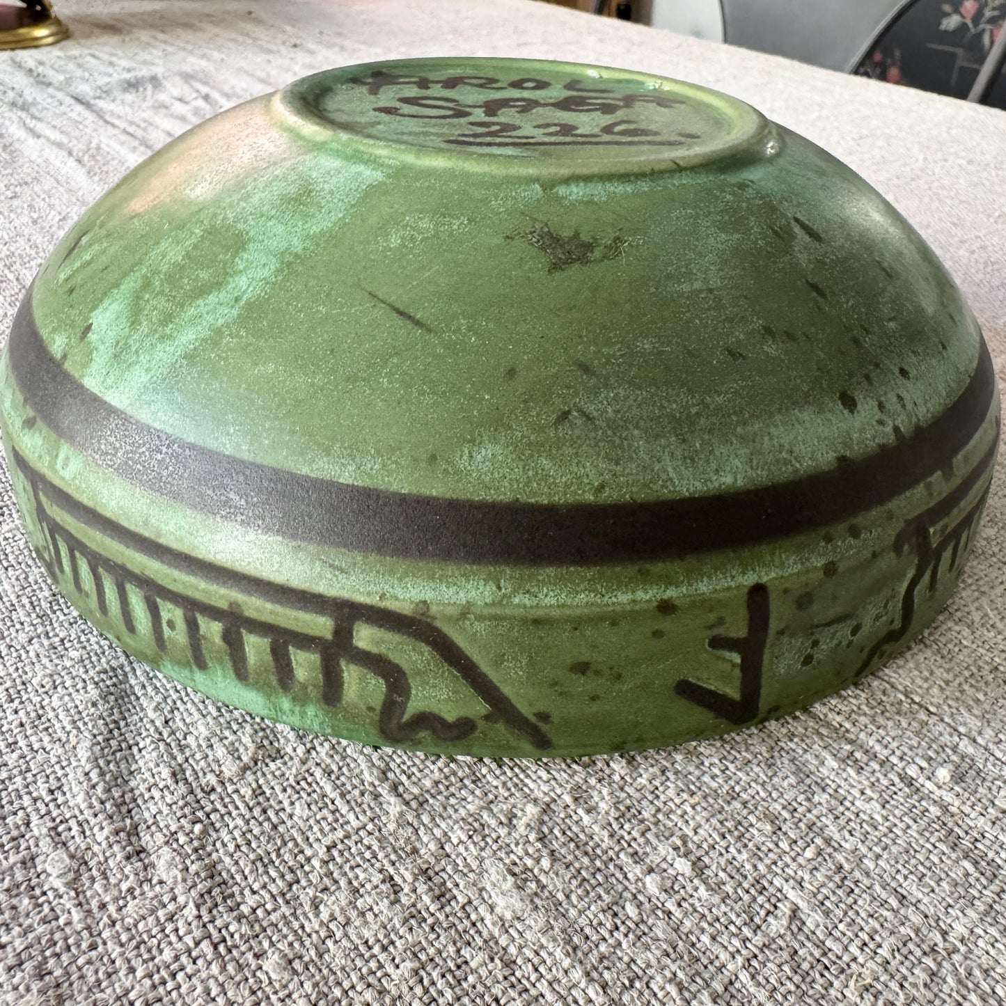 Arol, Norway. Vintage Green Stoneware Bowl with Viking Ships and Runes