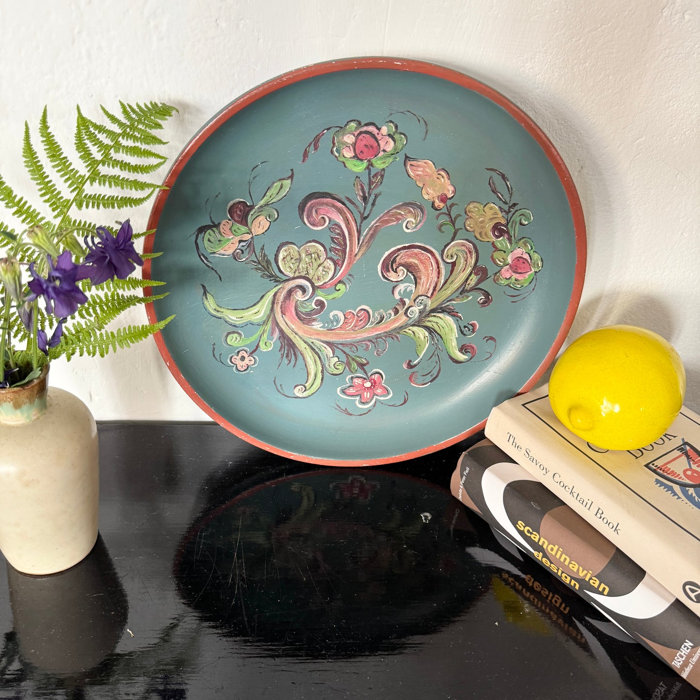 Large Swedish Folk Art Painted Wood Bowl Wall Plate. Early 1900s