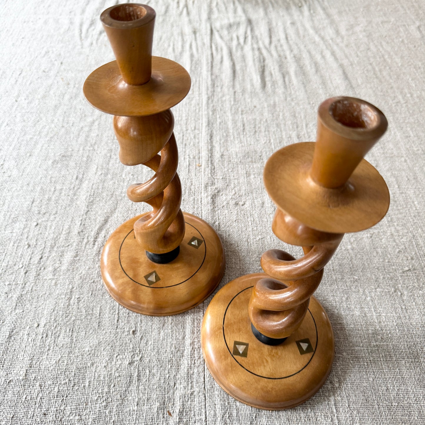 Johan Norin, Sweden 1962. Vintage Hand-made Wood with Inlay Candlesticks.