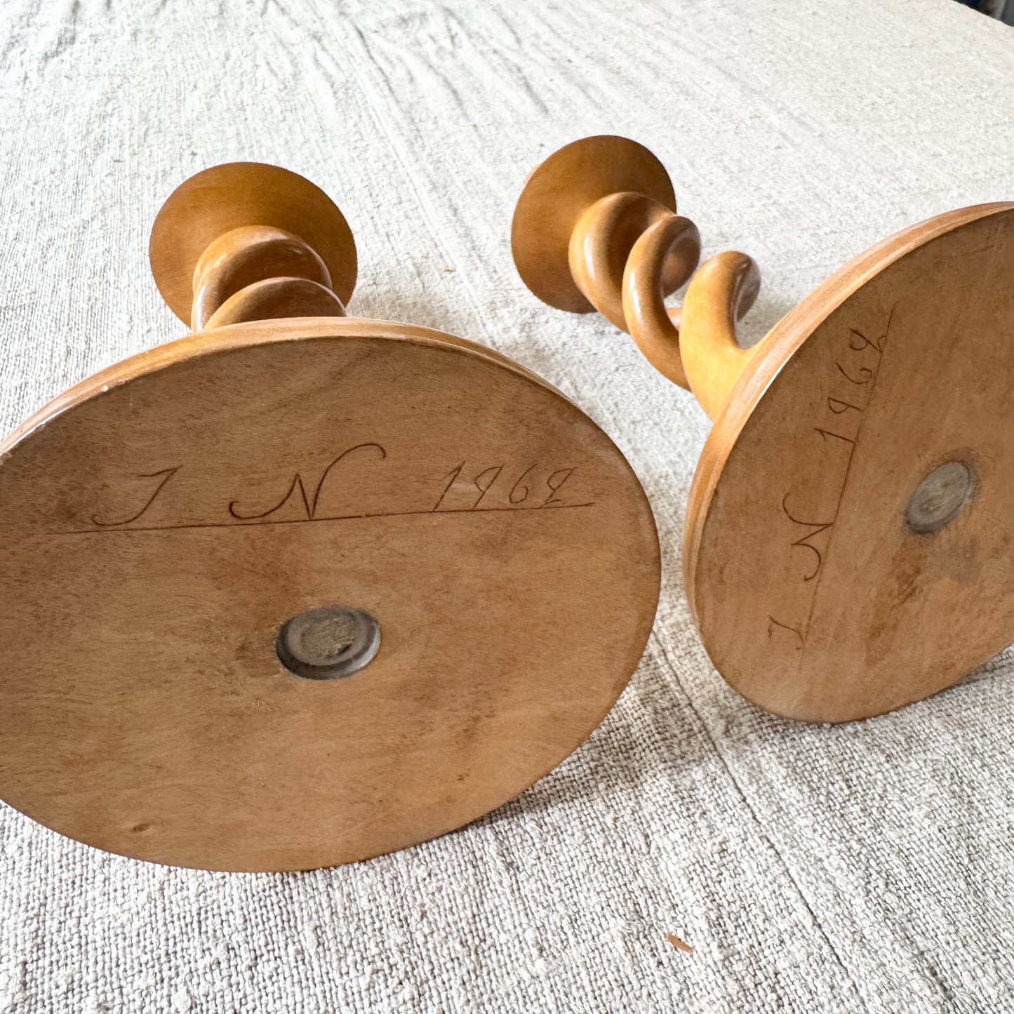 Johan Norin, Sweden 1962. Vintage Hand-made Wood with Inlay Candlesticks.