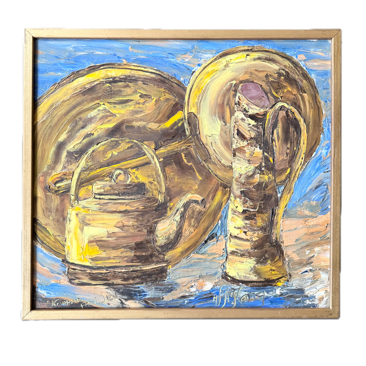 The Copper Family. Vintage Swedish Still Life Oil Painting.