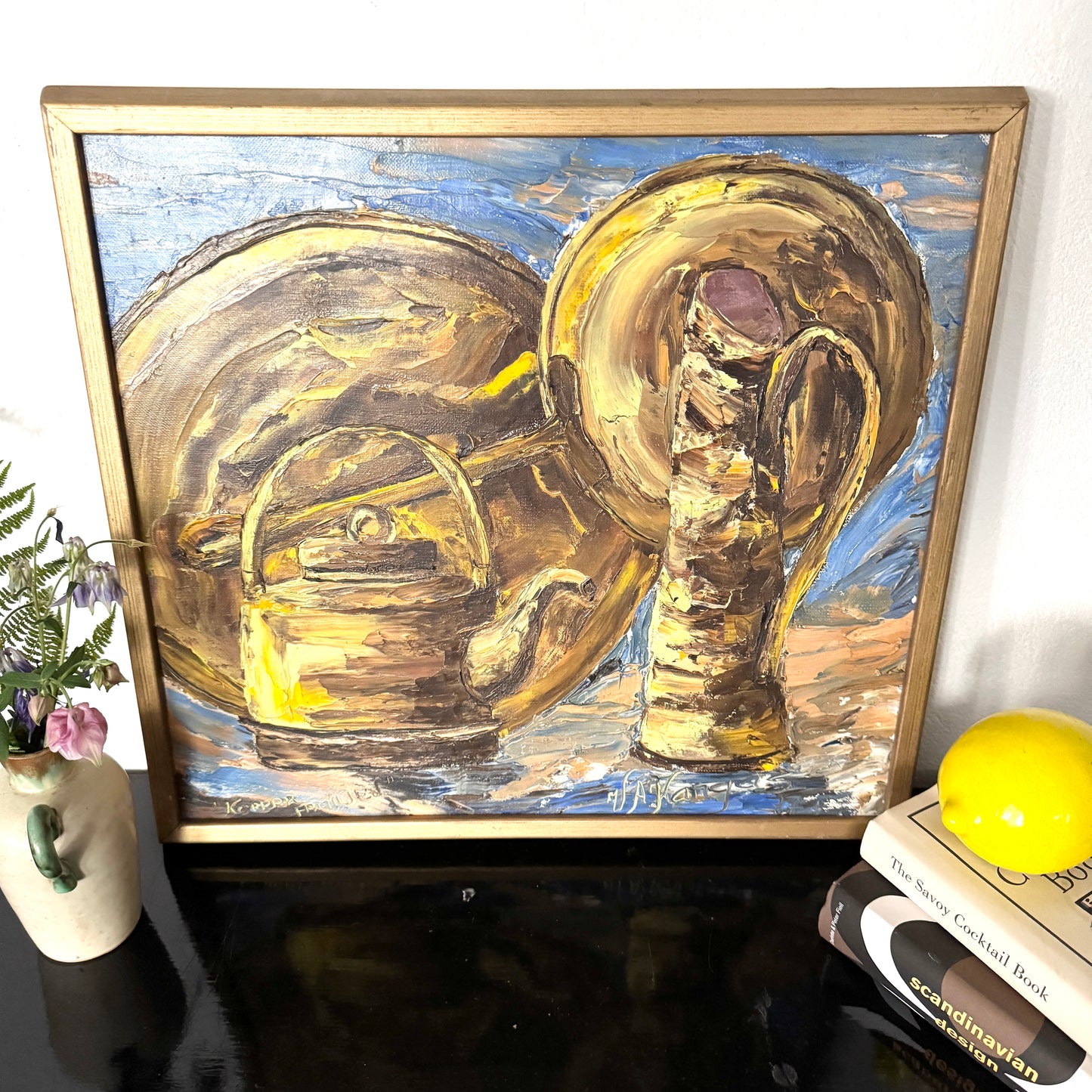 The Copper Family. Vintage Swedish Still Life Oil Painting.