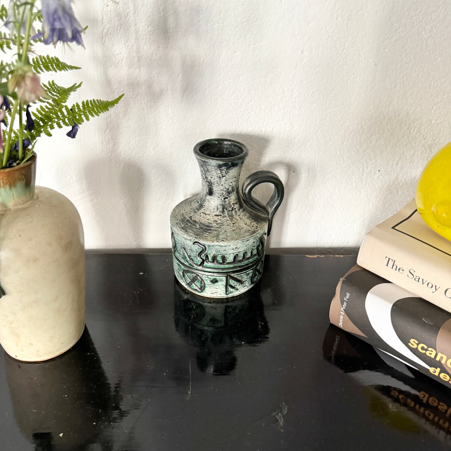 Arol, Norway. Vintage Stoneware Viking Ship Runes Candleholder Vase