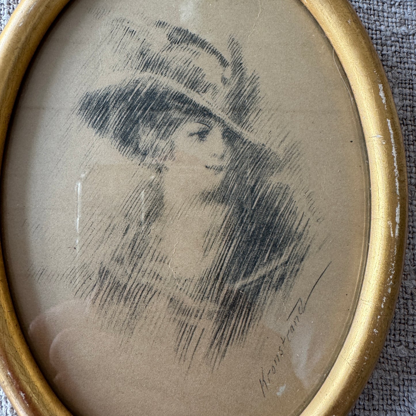 Christmas 1918. Antique Pencil Drawing Portrait of a Young Woman.