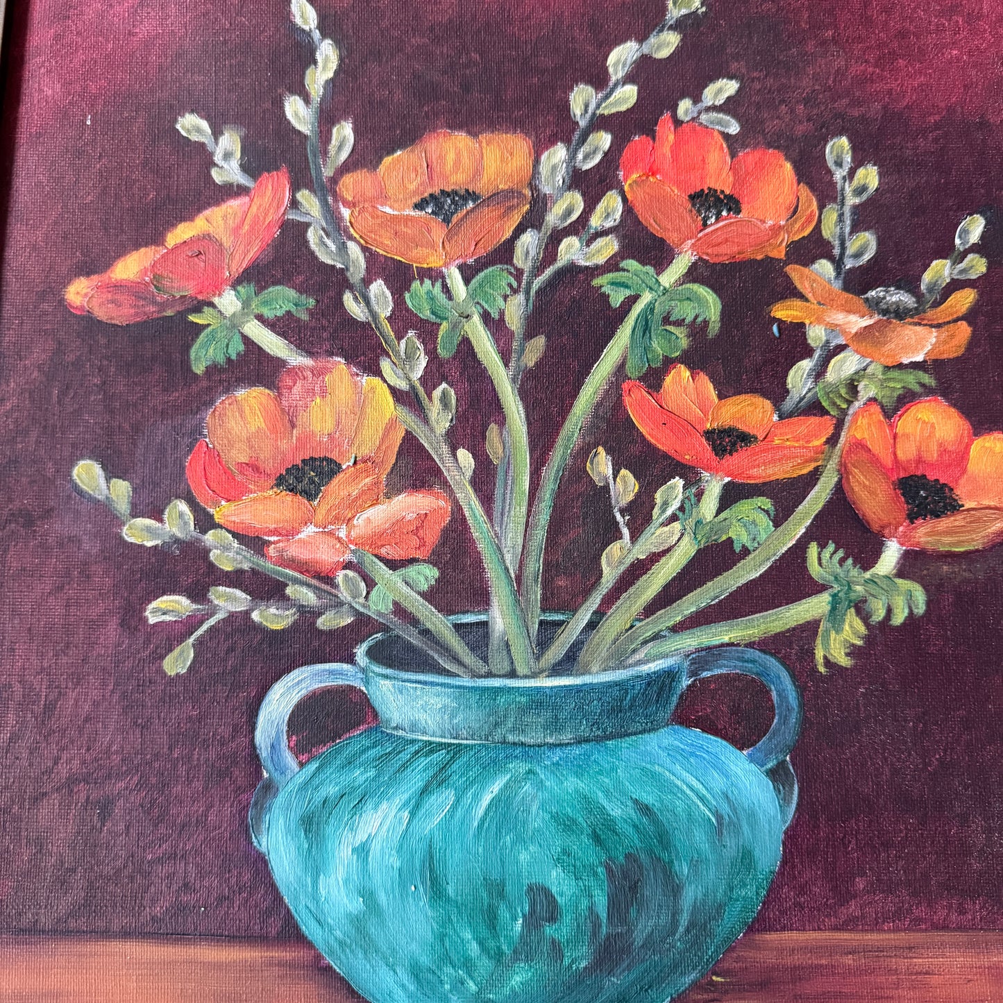 Harmony in Red and Teal 1934. Vintage Swedish Oil Still Life Painting.