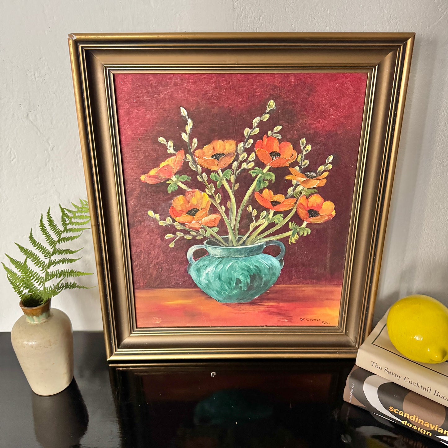 Harmony in Red and Teal 1934. Vintage Swedish Oil Still Life Painting.
