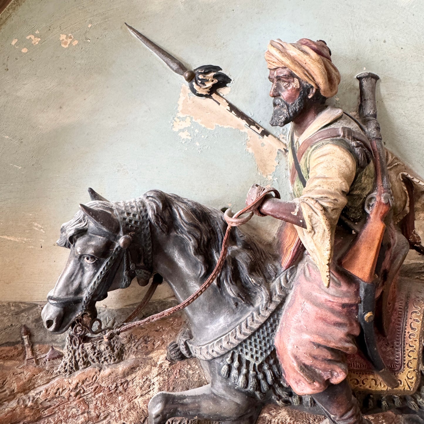 Johann Maresch ca year 1900. Large Terracotta Arabian Warrior 3D Charger Wall Plaque.