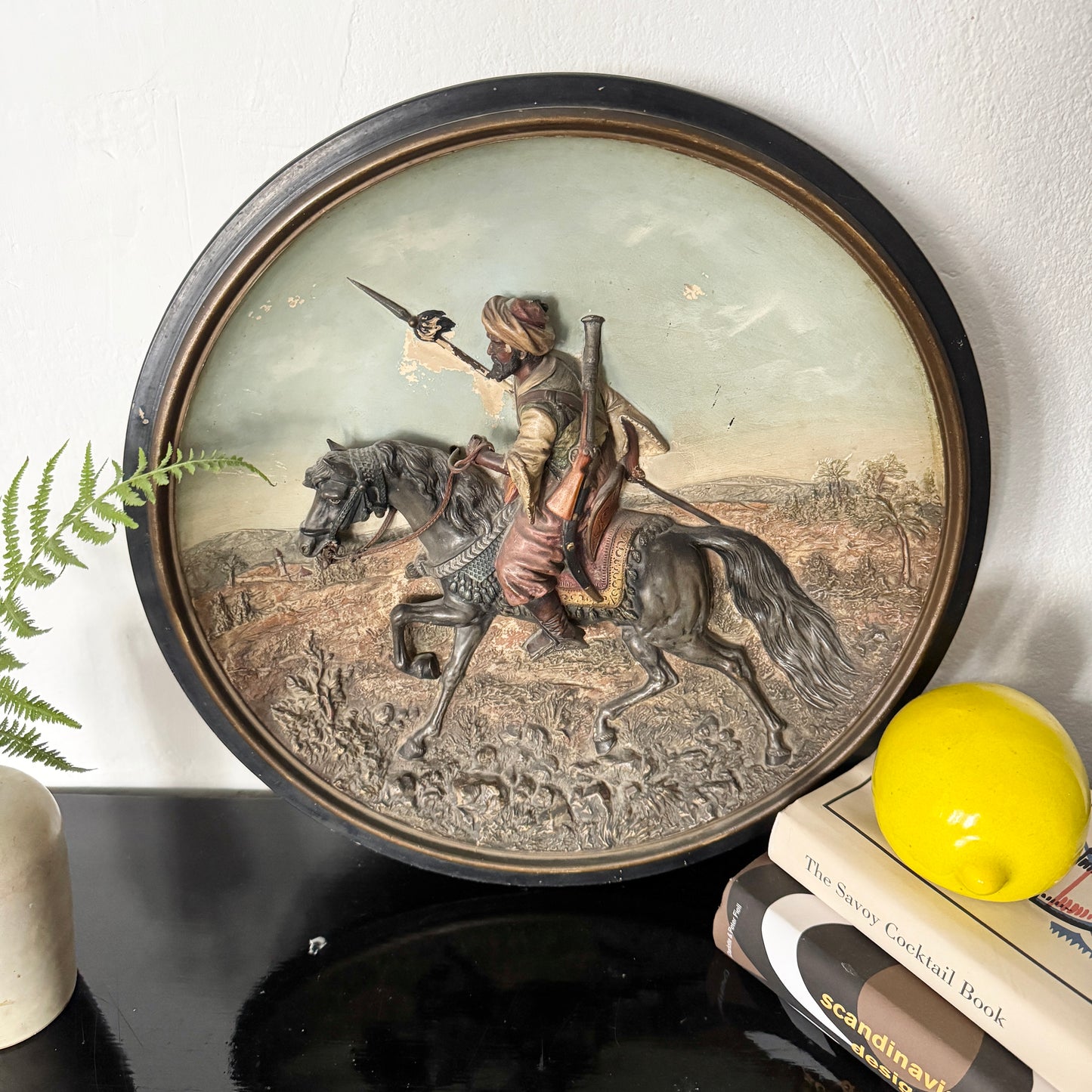 Johann Maresch ca year 1900. Large Terracotta Arabian Warrior 3D Charger Wall Plaque.
