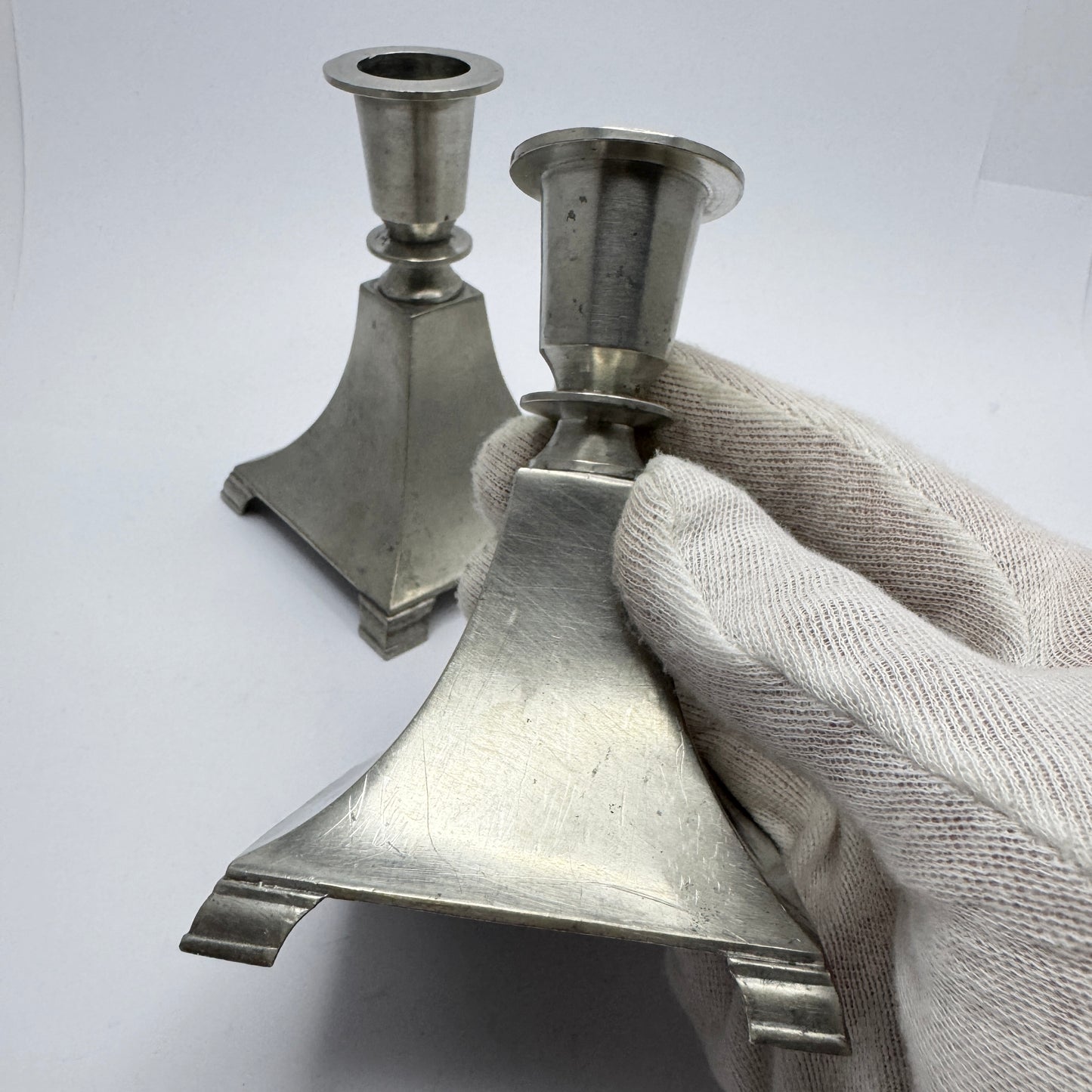 Just Andersen, Denmark ca 1930s. Vintage Pair of Pewter Candlesticks.