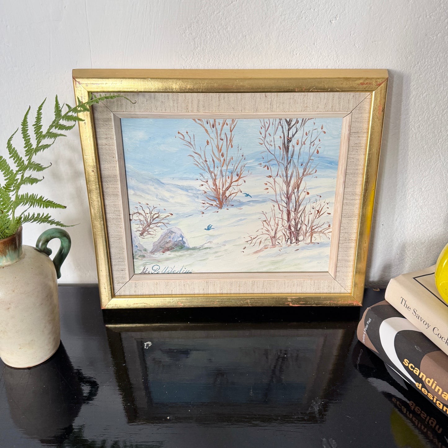 Two Birds Before Spring. Vintage Swedish Oil Painting.