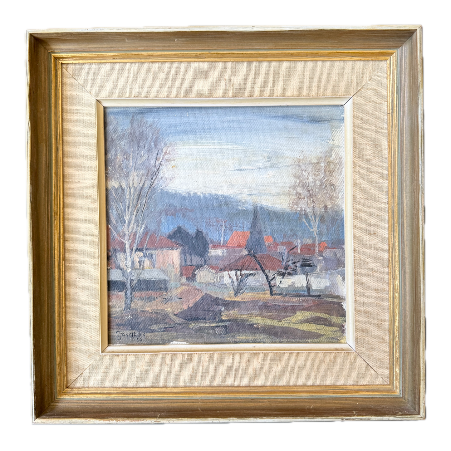 Hushed Hills and Red Roofs, 1956. Vintage Swedish Oil Painting.