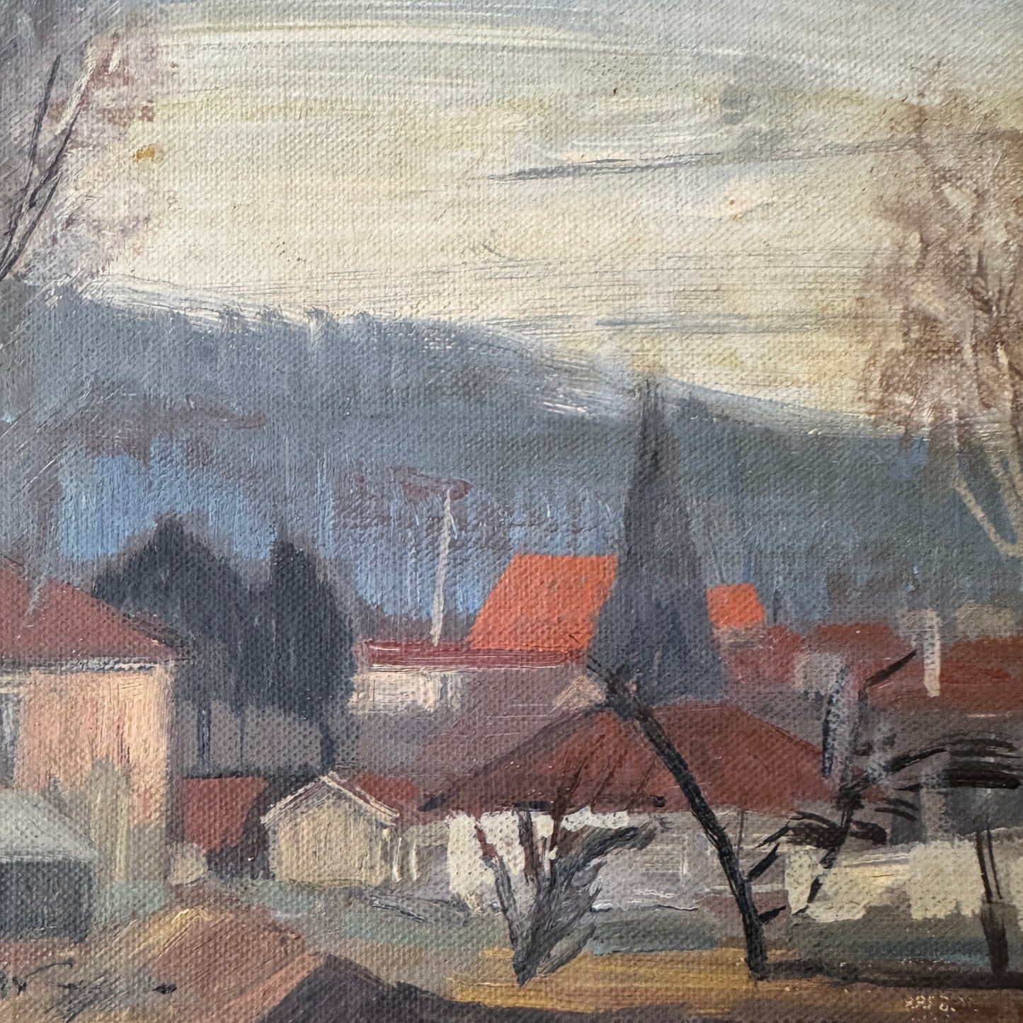 Hushed Hills and Red Roofs, 1956. Vintage Swedish Oil Painting.