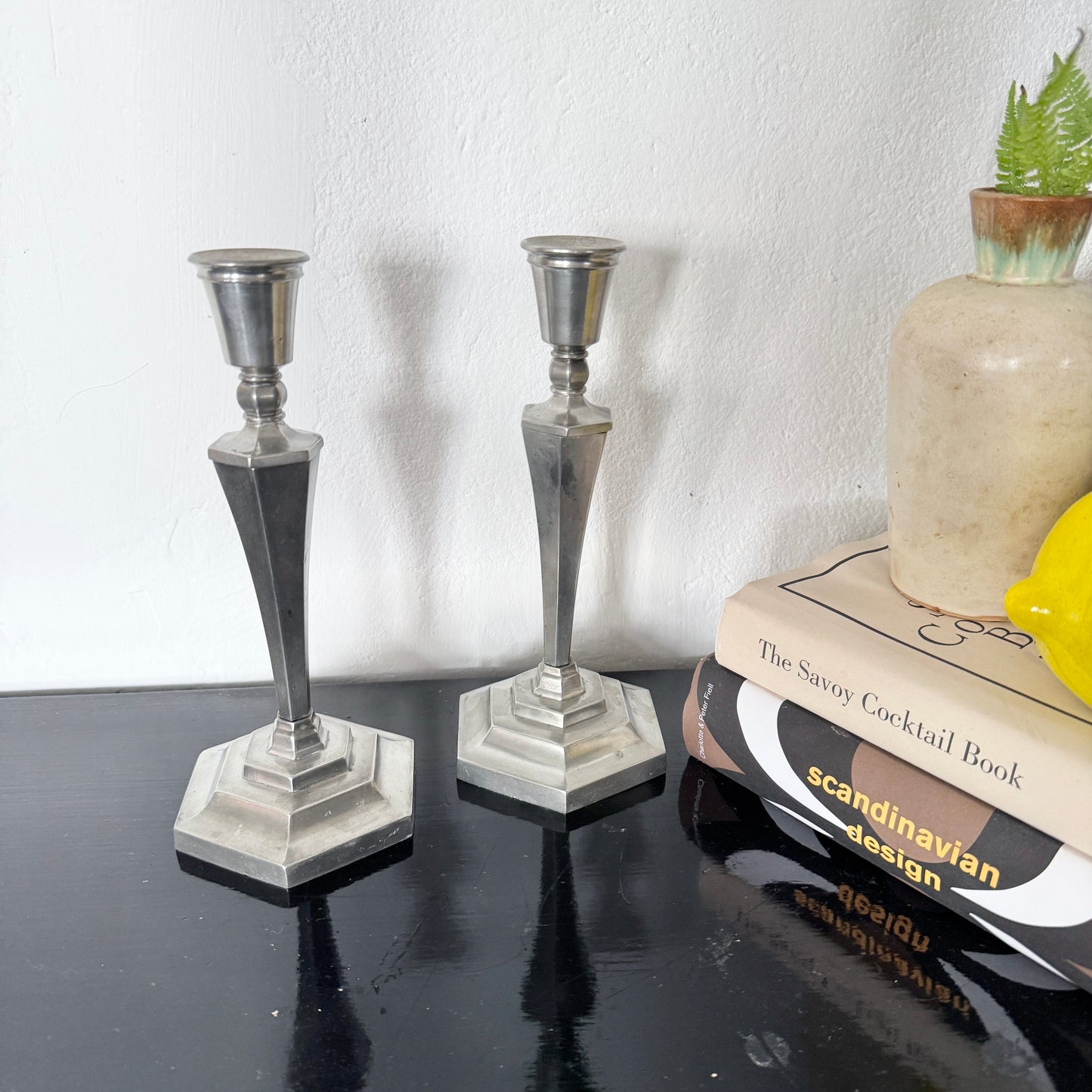Sweden year 1930. Vintage Art Deco Pewter Candlesticks