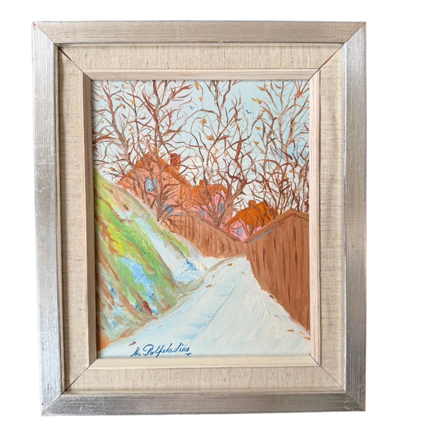 Path to Red Houses. Vintage Swedish Oil Painting.
