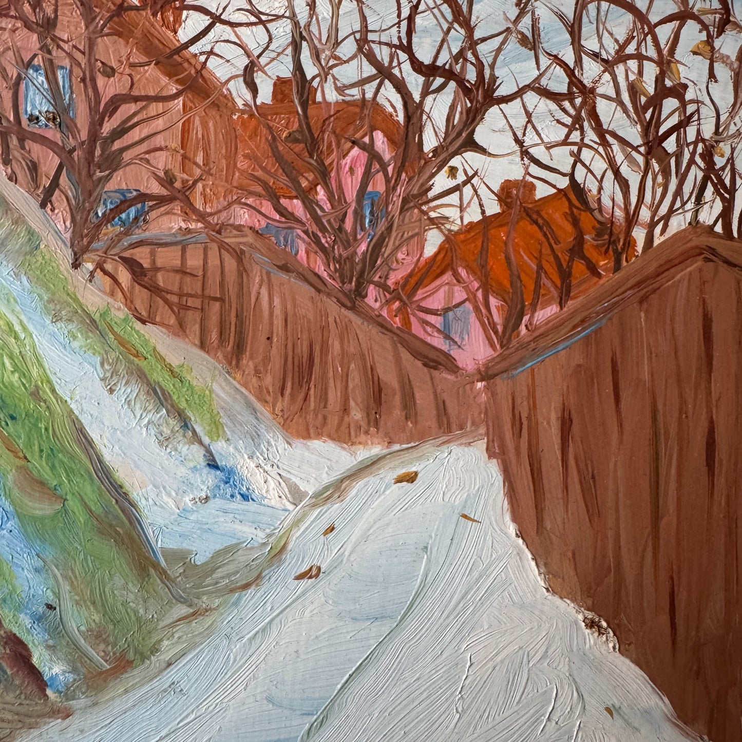 Path to Red Houses. Vintage Swedish Oil Painting.
