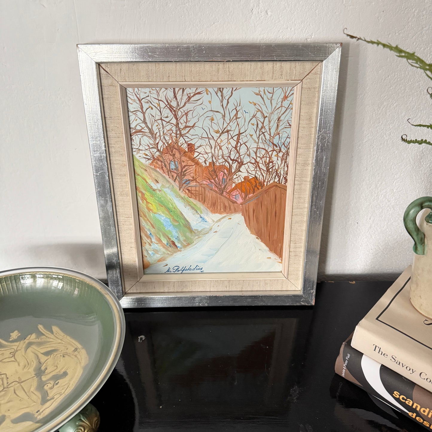 Path to Red Houses. Vintage Swedish Oil Painting.