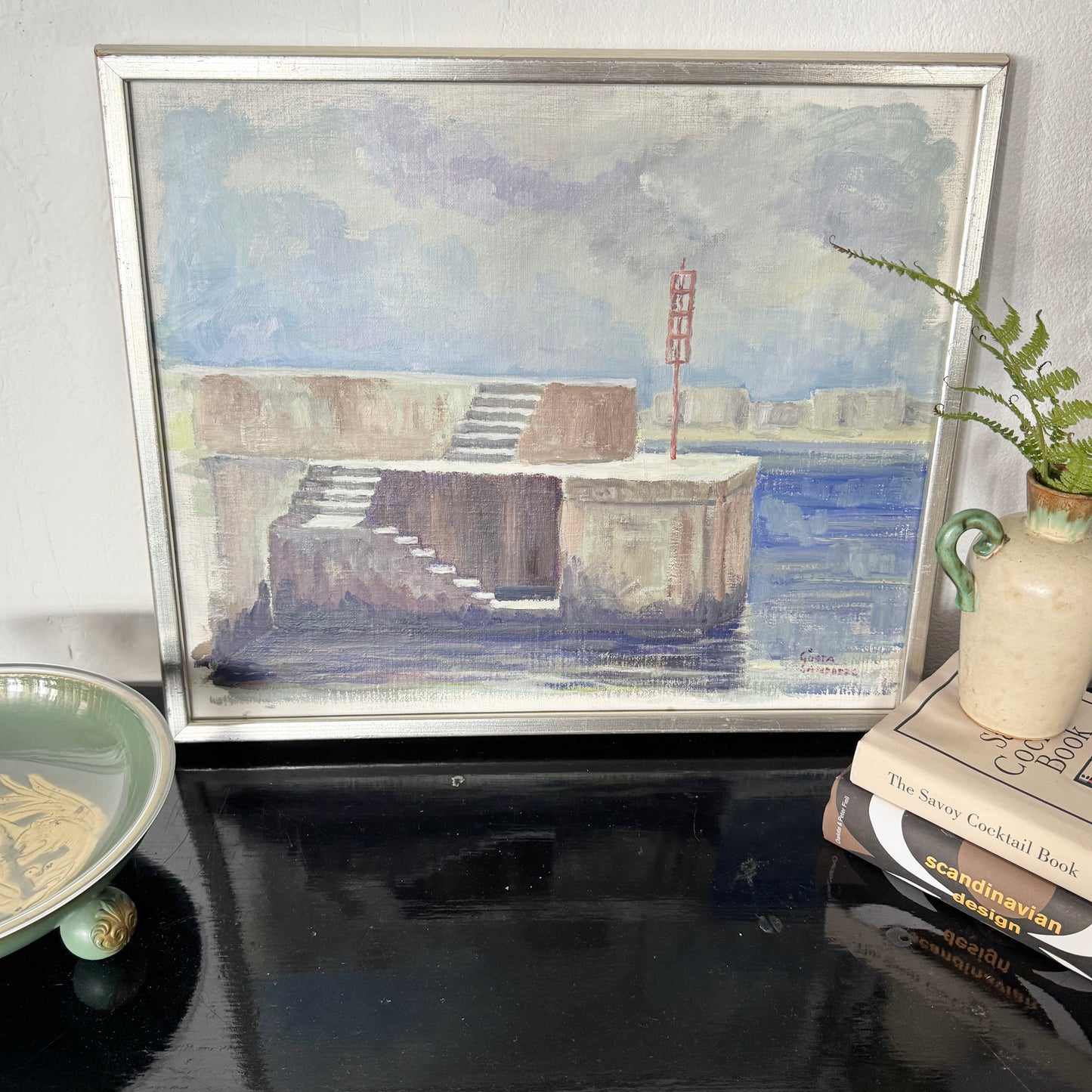 Harbour Pier in Numana, Italy. Vintage Swedish Artist Oil Painting.