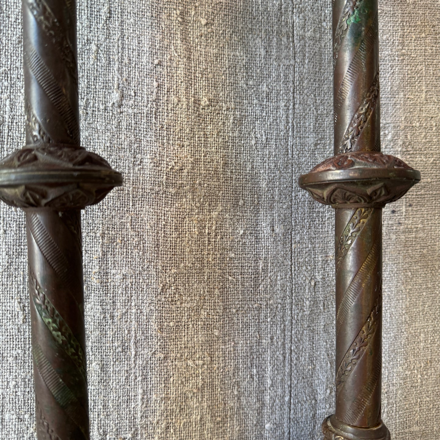 Antique 40cm Patinated Yellow Metal Altar Candlestick Holders. A Pair.