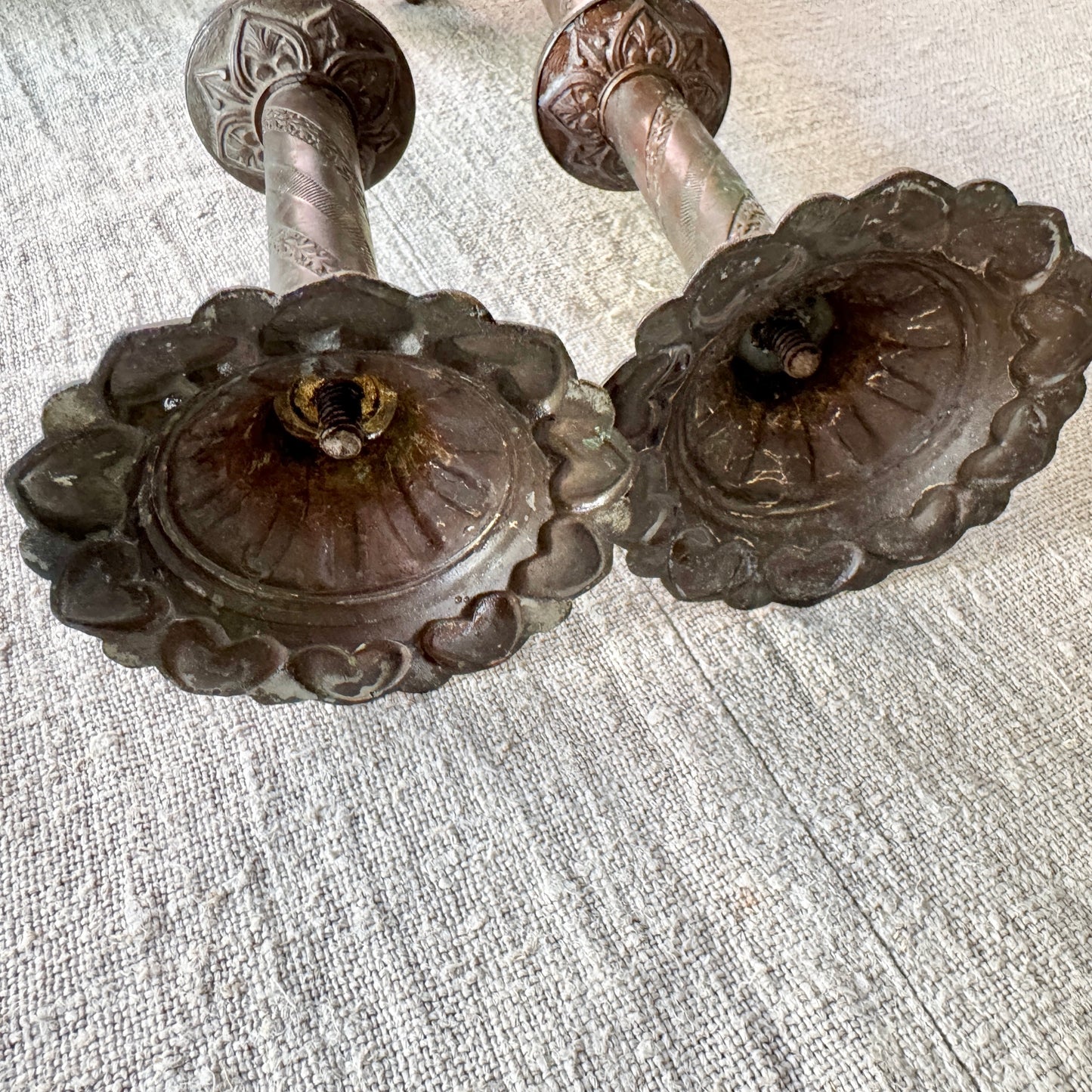 Antique 40cm Patinated Yellow Metal Altar Candlestick Holders. A Pair.