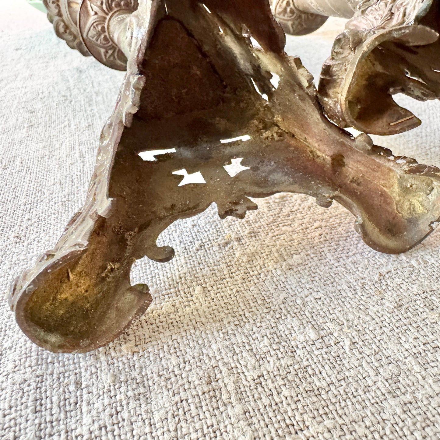 Antique 40cm Patinated Yellow Metal Altar Candlestick Holders. A Pair.