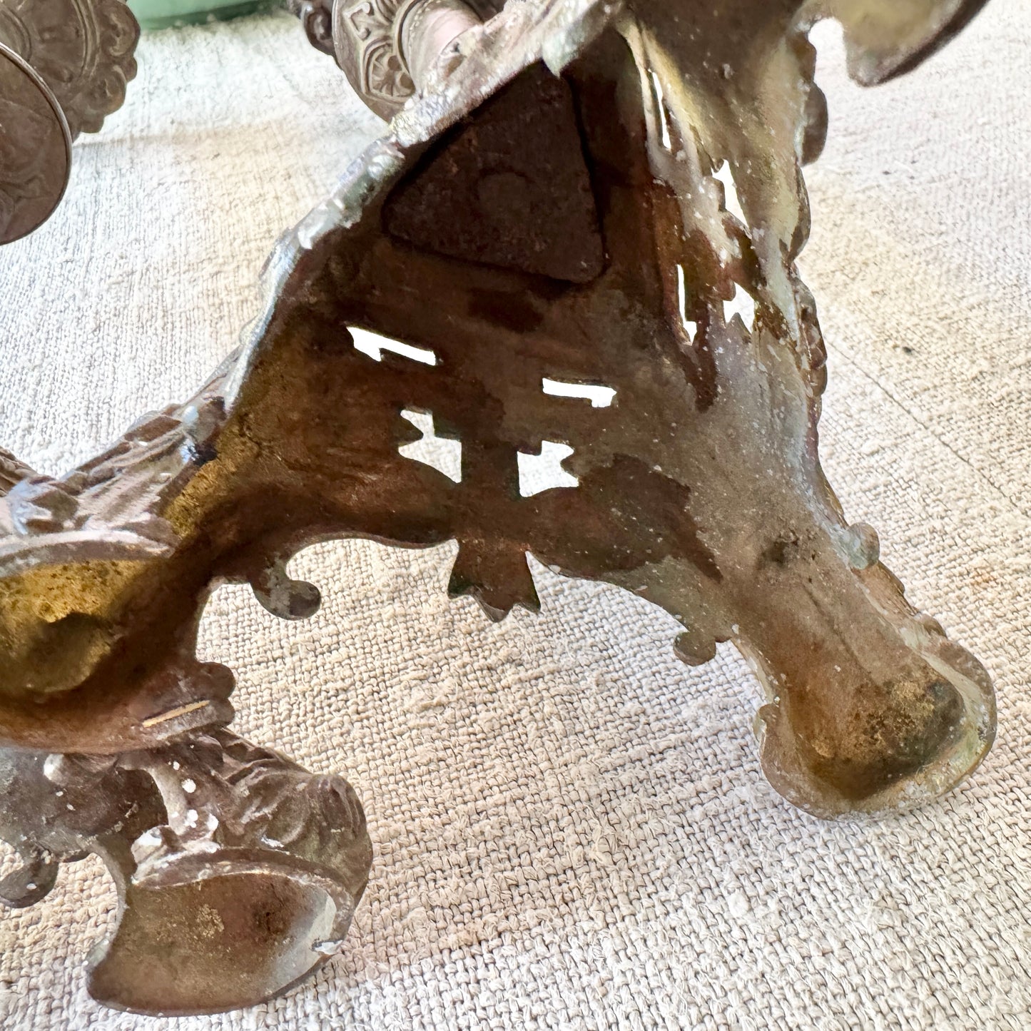 Antique 40cm Patinated Yellow Metal Altar Candlestick Holders. A Pair.