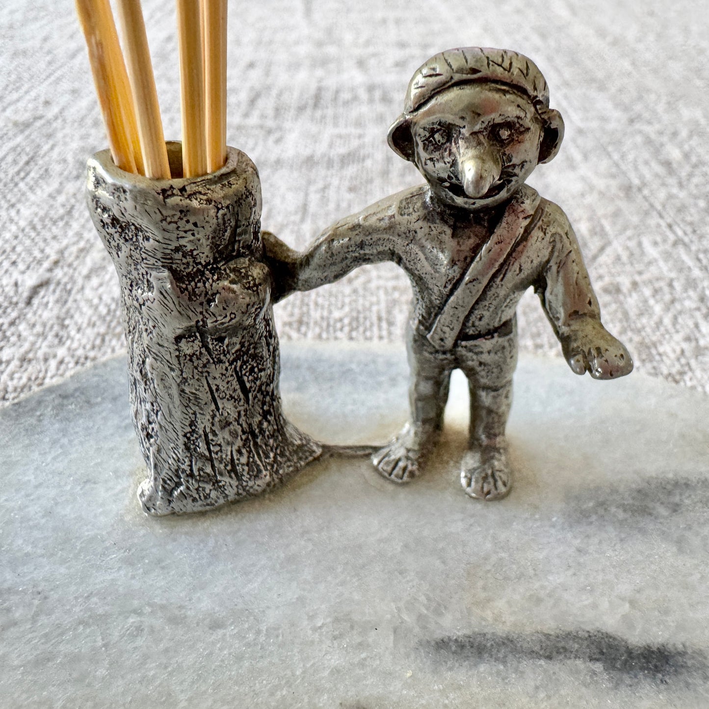 Vintage Norwegian Fauske Marble Pewter Troll Toothpick Holder.