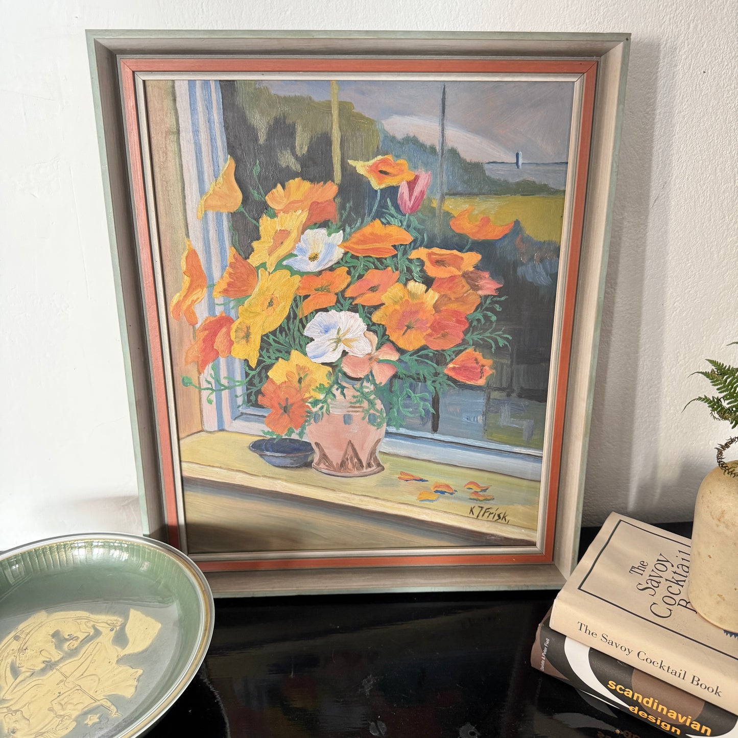 Poppies by the Sea. Vintage Swedish Oil Painting.