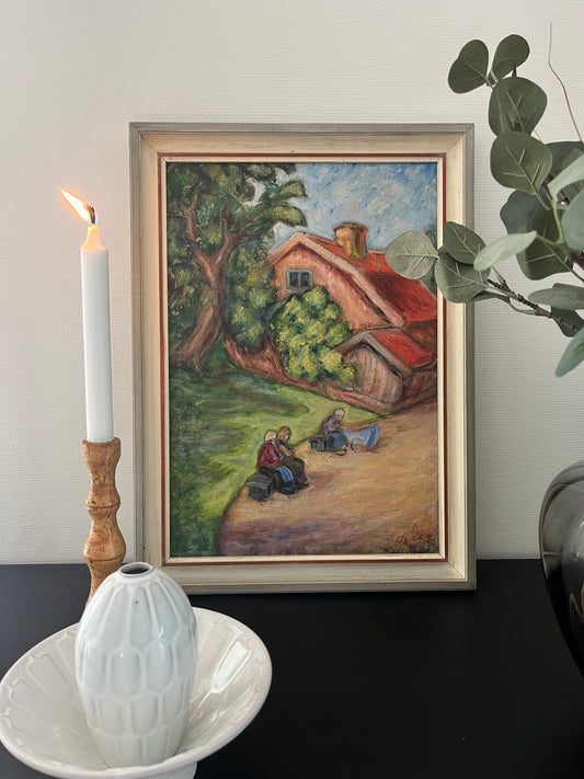 “Afternoon by the Cottage” Vintage Swedish Oil Painting.