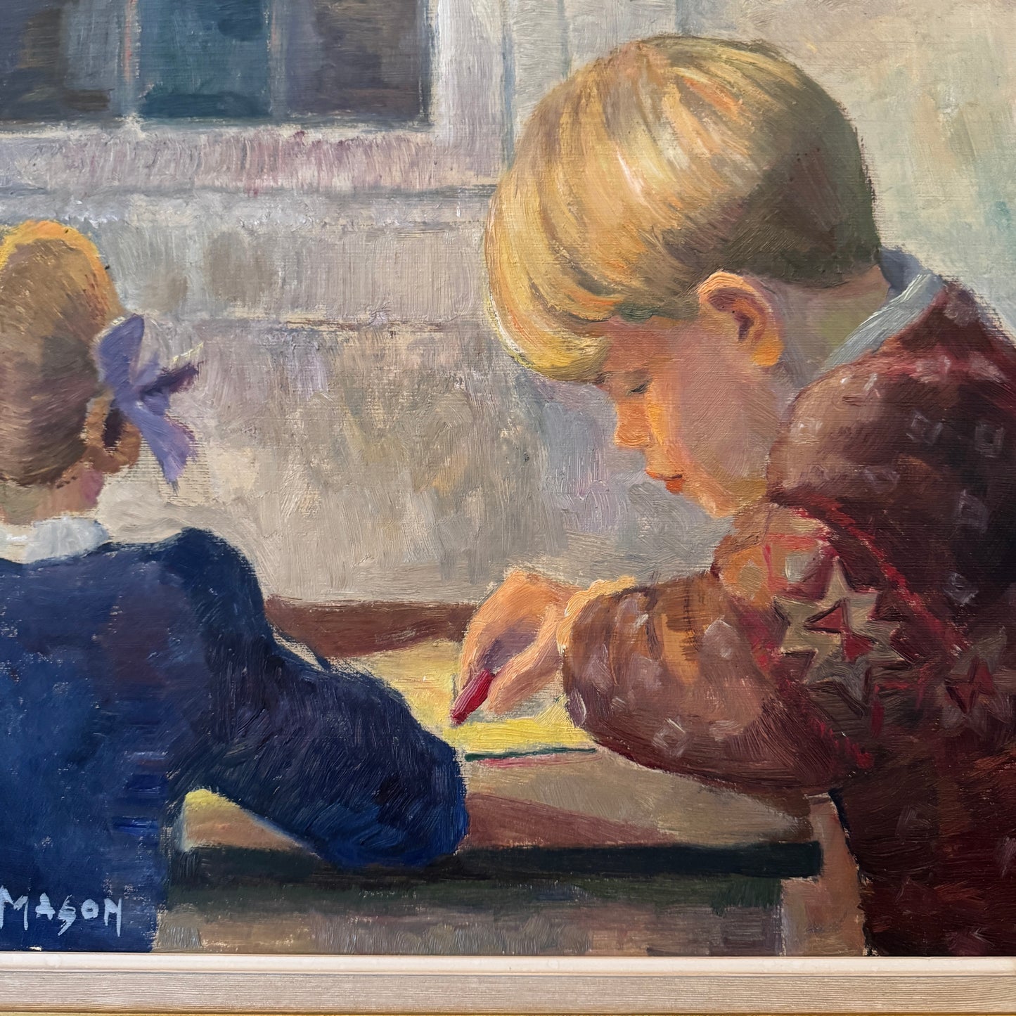 In Kindergarten 1947. Vintage Swedish Oil Painting by Mats Mason.