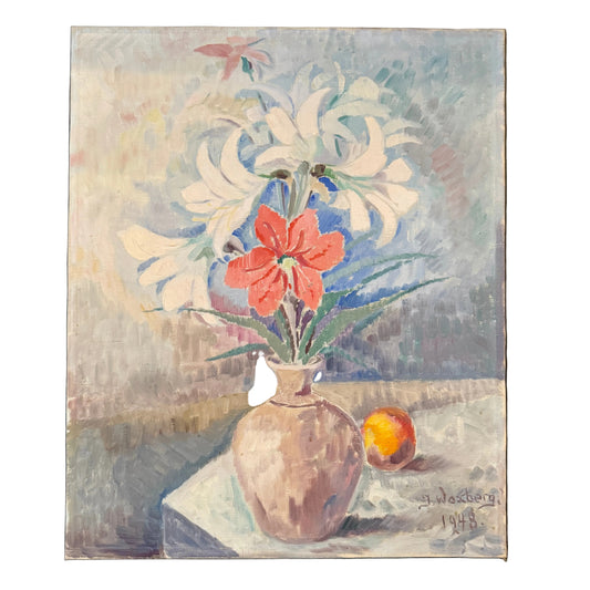 Soft Room, Bright Flower 1948. Vintage Swedish Oil Painting by Isidor Woxberg