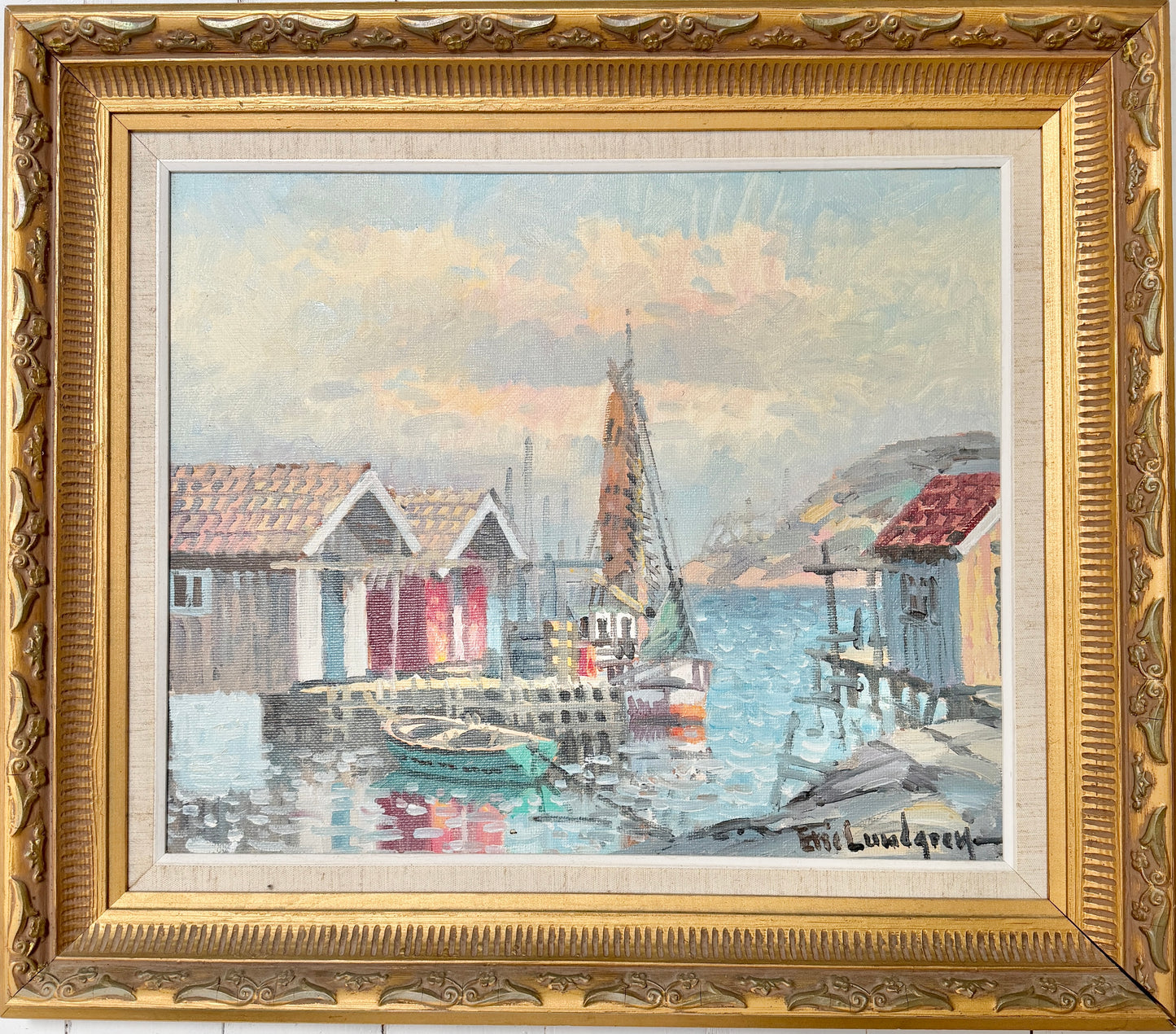 Tranquil Harbour. Vintage Swedish Oil Painting by Eric Lundgren.