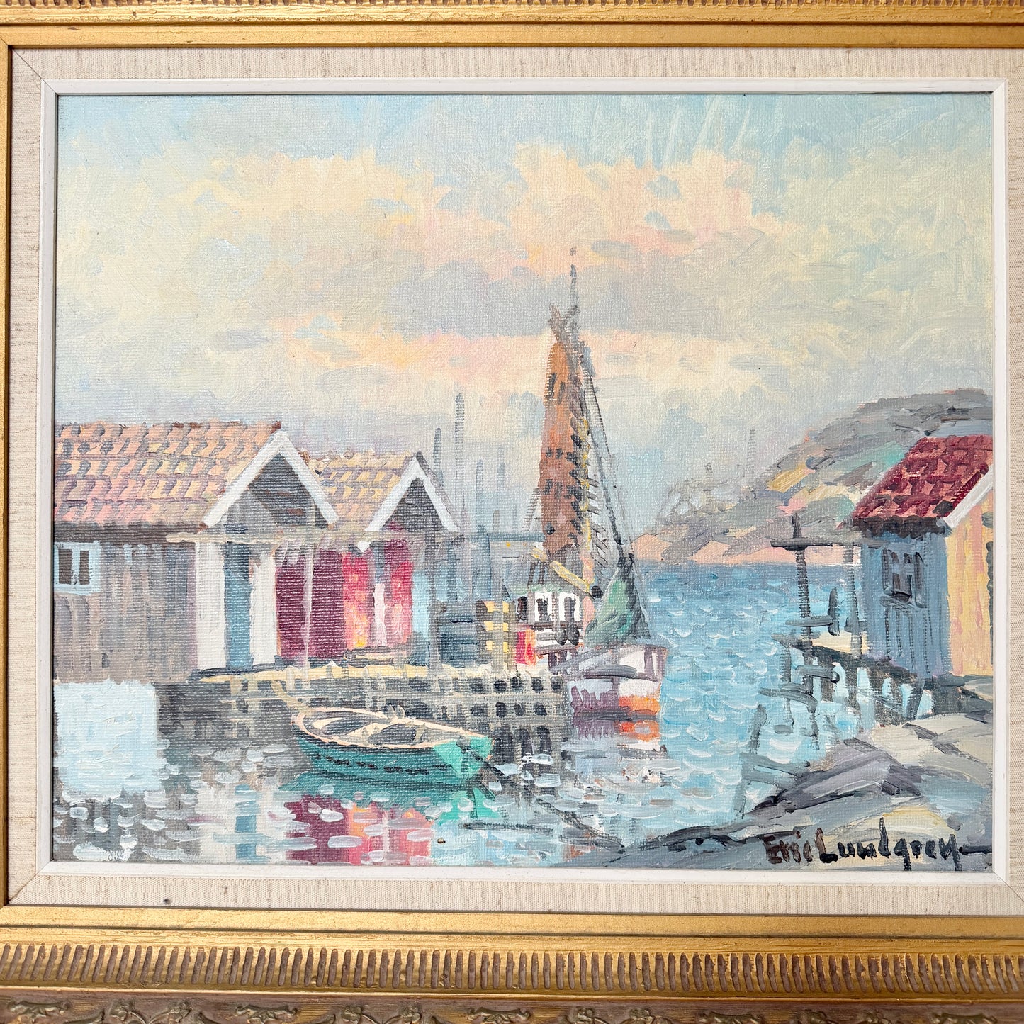 Tranquil Harbour. Vintage Swedish Oil Painting by Eric Lundgren.