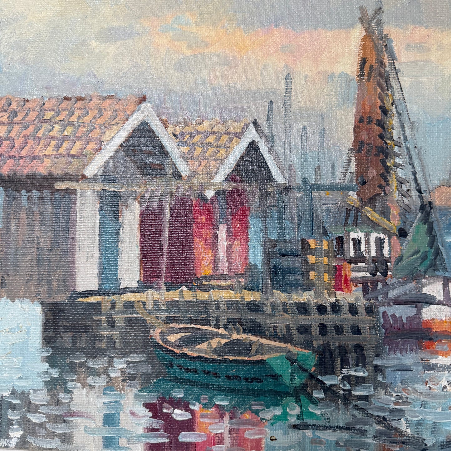Tranquil Harbour. Vintage Swedish Oil Painting by Eric Lundgren.