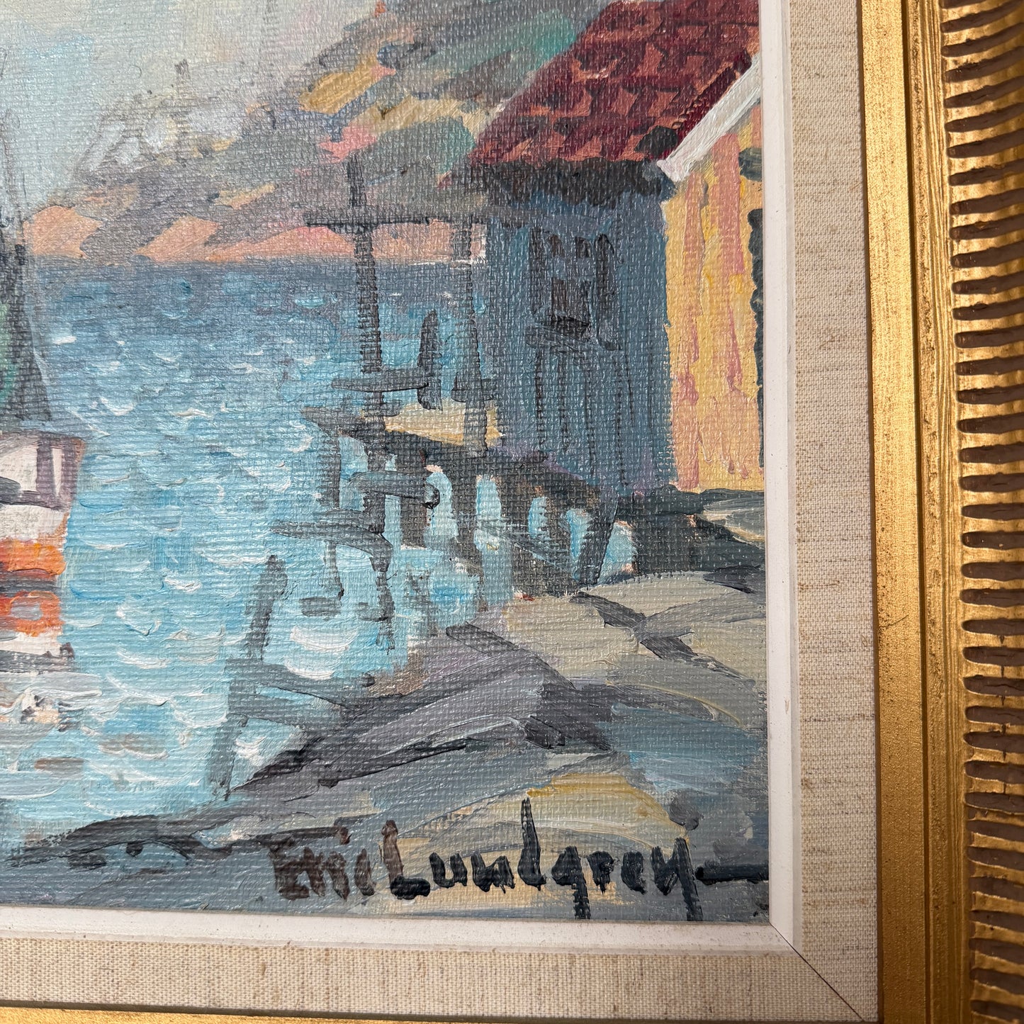 Tranquil Harbour. Vintage Swedish Oil Painting by Eric Lundgren.