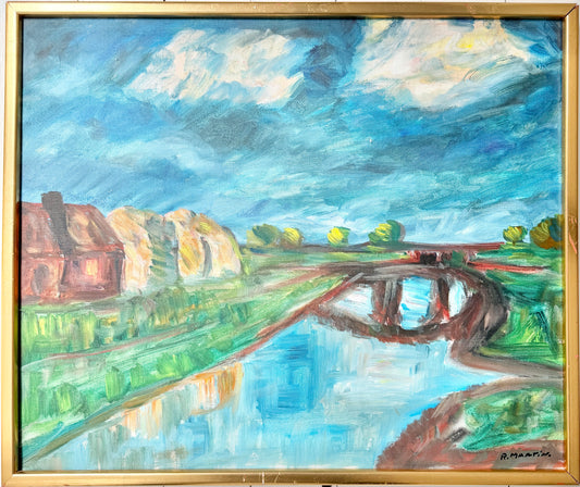 Bridge Over Quiet Waters. Vintage Swedish Oil Painting by Yrjö Edelmann.