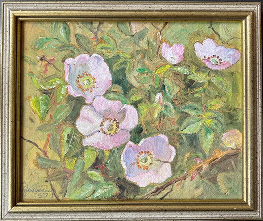 Wild Roses in Bloom 1987. Vintage Swedish Oil Painting by Karl-Johan Magnusson.
