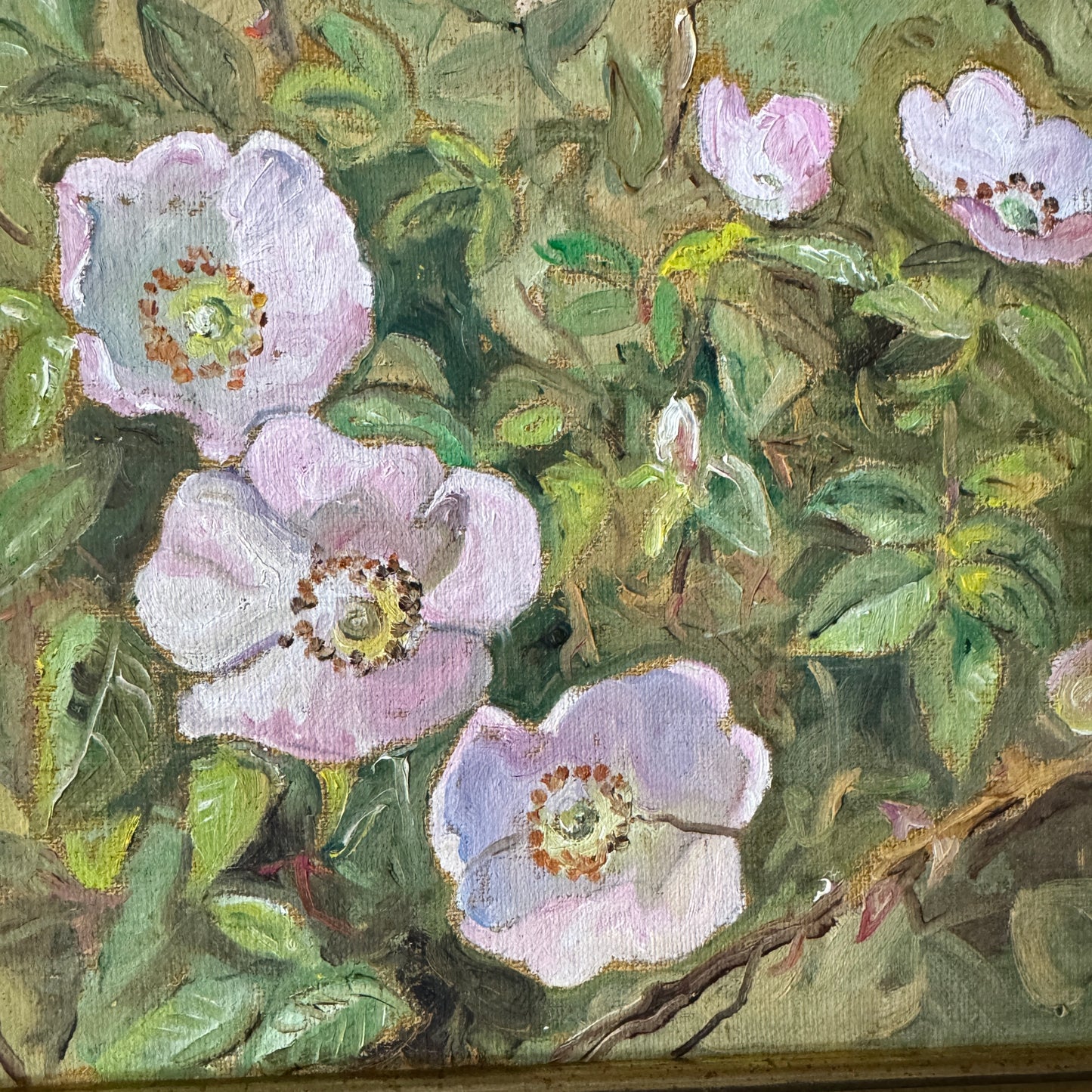 Wild Roses in Bloom 1987. Vintage Swedish Oil Painting by Karl-Johan Magnusson.