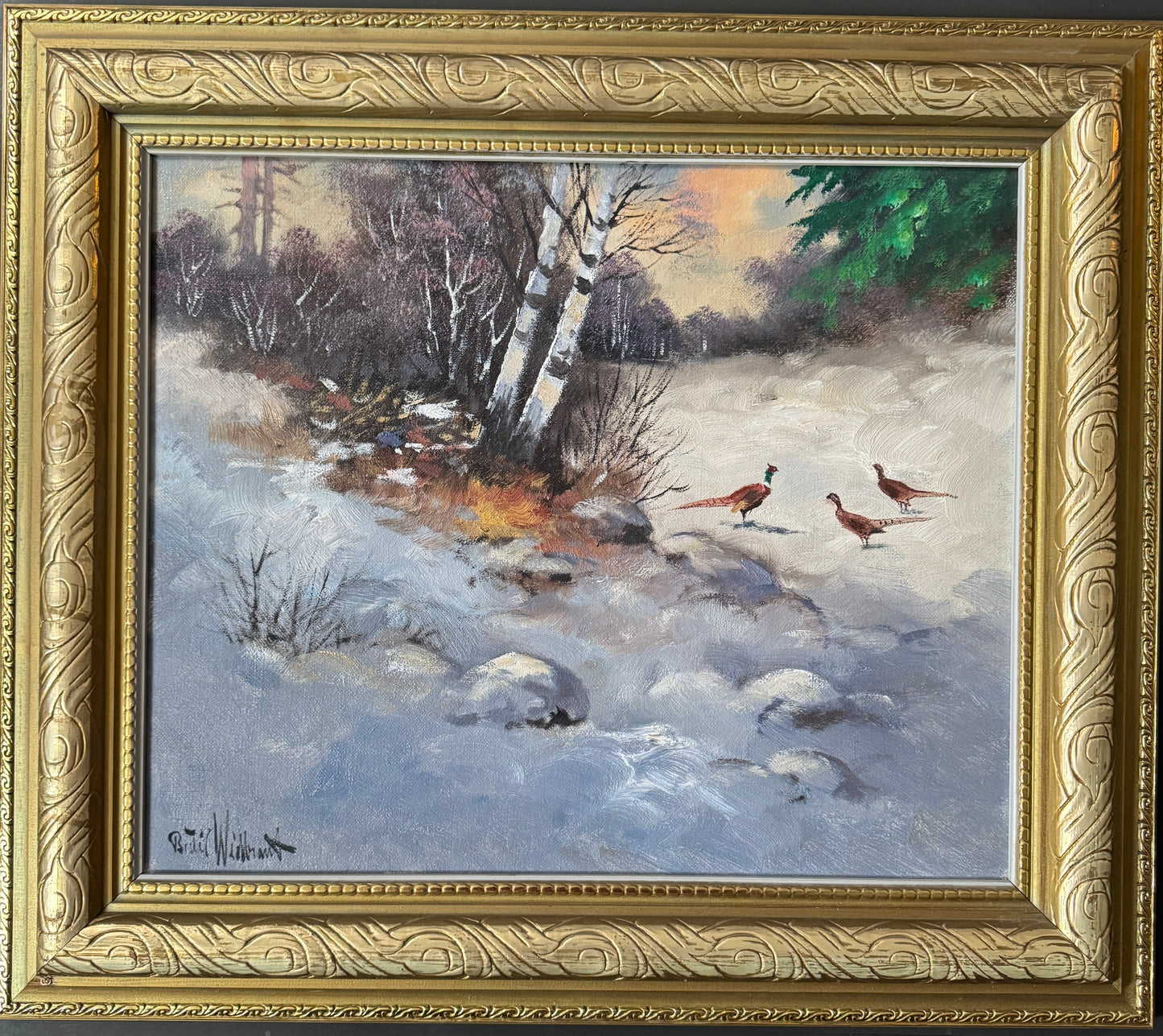 A Brief Gathering of Pheasants. Vintage Swedish Oil Painting by Bertil Widbrant