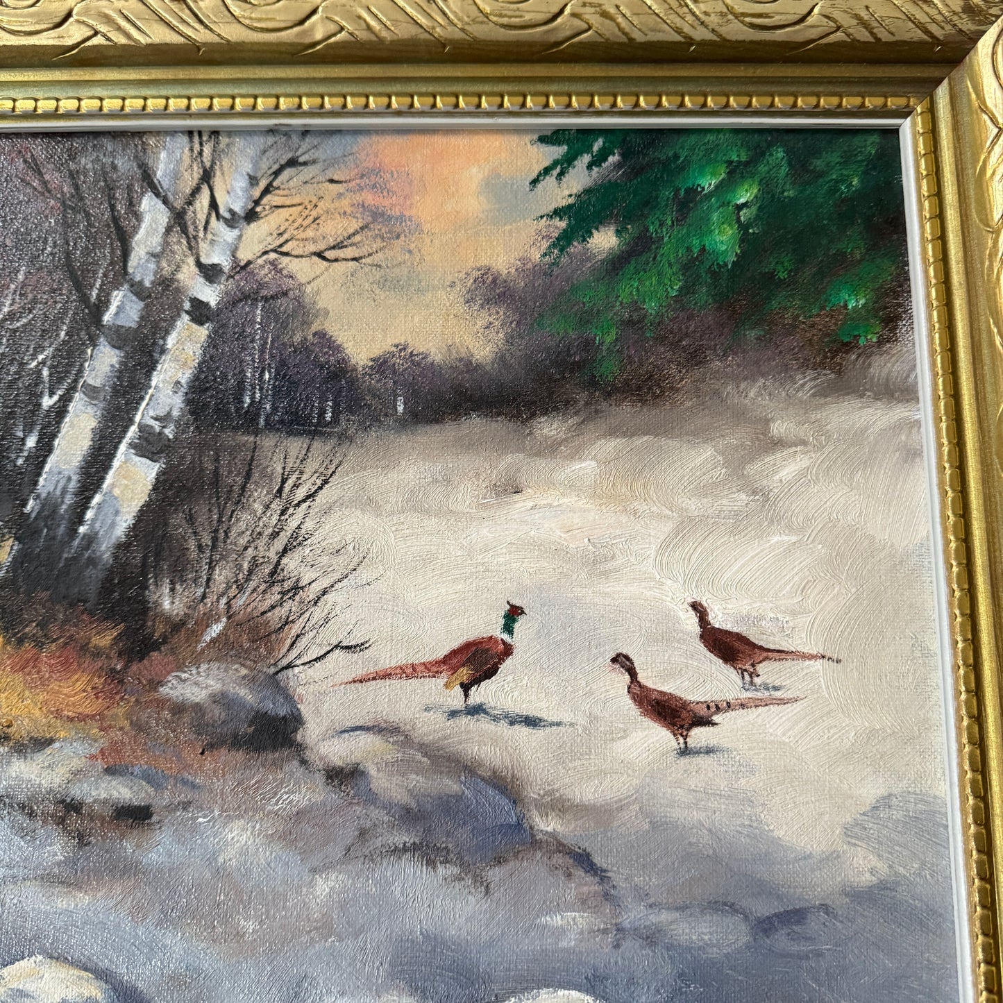 A Brief Gathering of Pheasants. Vintage Swedish Oil Painting by Bertil Widbrant