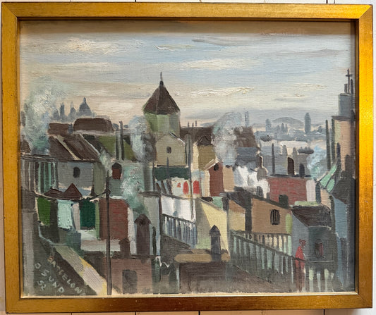 Barcelona 1952. Vintage Modernist Oil Painting by Swedish Artist Jacues Sund