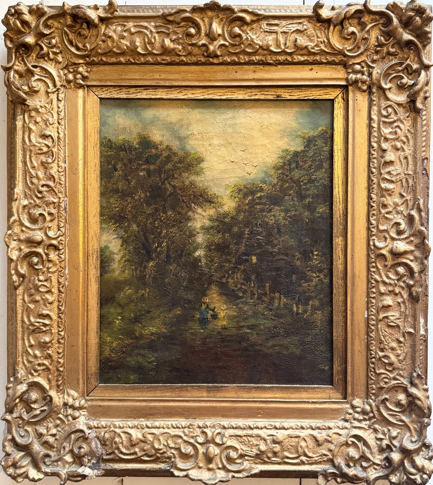 Woodland Motherhood. Antique early 1800s Oil Painting.