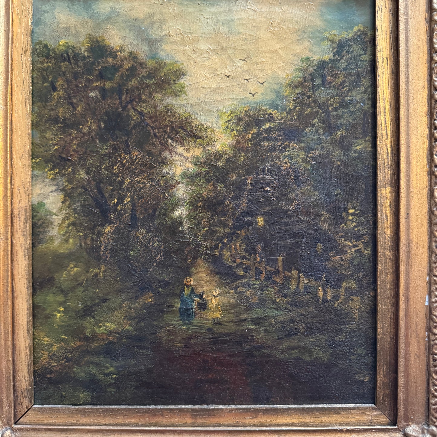 Woodland Motherhood. Antique early 1800s Oil Painting.