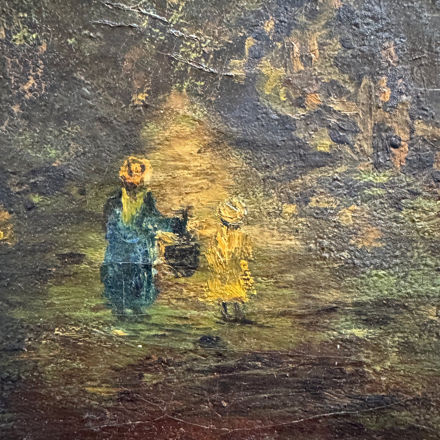 Woodland Motherhood. Antique early 1800s Oil Painting.