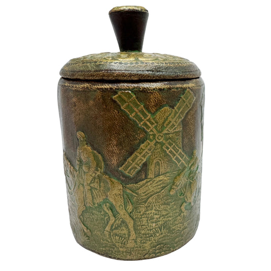 Early 1900s. Vintage Leather Wood Tobacco Jar