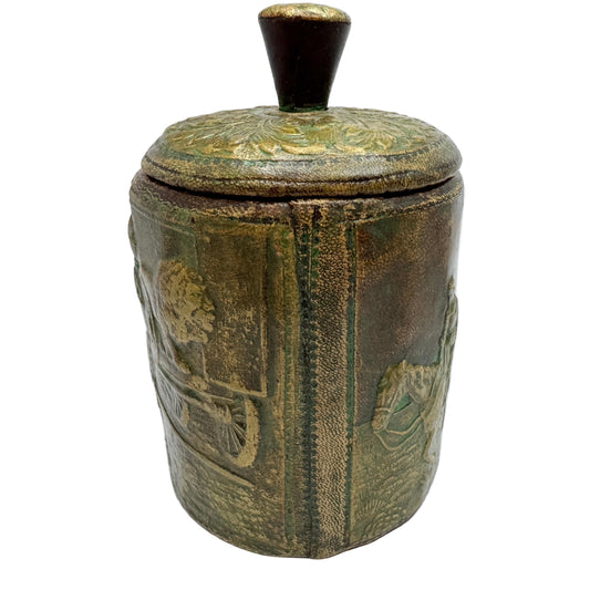 Early 1900s. Vintage Leather Wood Tobacco Jar