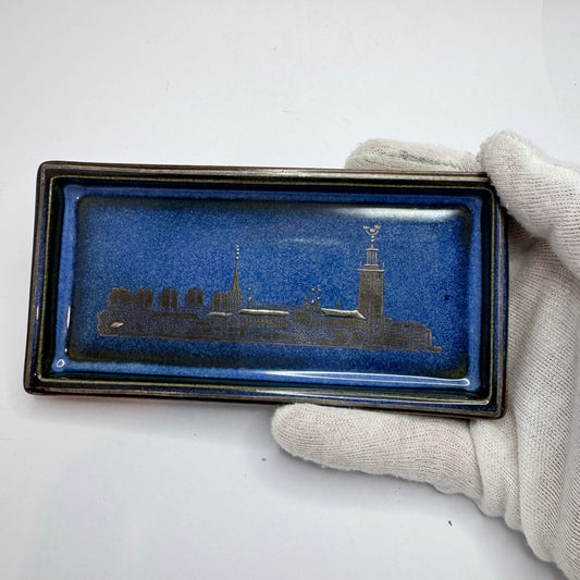 Gustavsberg, Sweden. Vintage Porcelain Tray. Silver Decoration Depicting Stockholm.