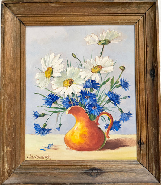 Daisies and Cornflowers, 1938. Vintage Swedish Still Life Oil Painting by Ragnar C. Hallquisth