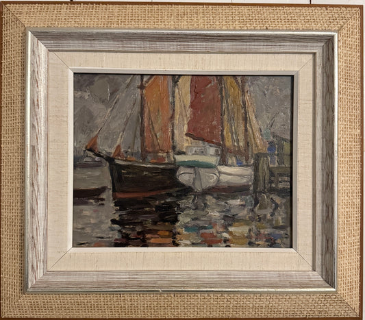 Old Sailboats, Gothenburg. Vintage Swedish Oil Painting by Hilding Högberg.