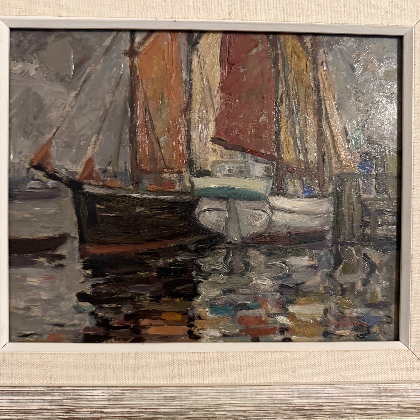Old Sailboats, Gothenburg. Vintage Swedish Oil Painting by Hilding Högberg.
